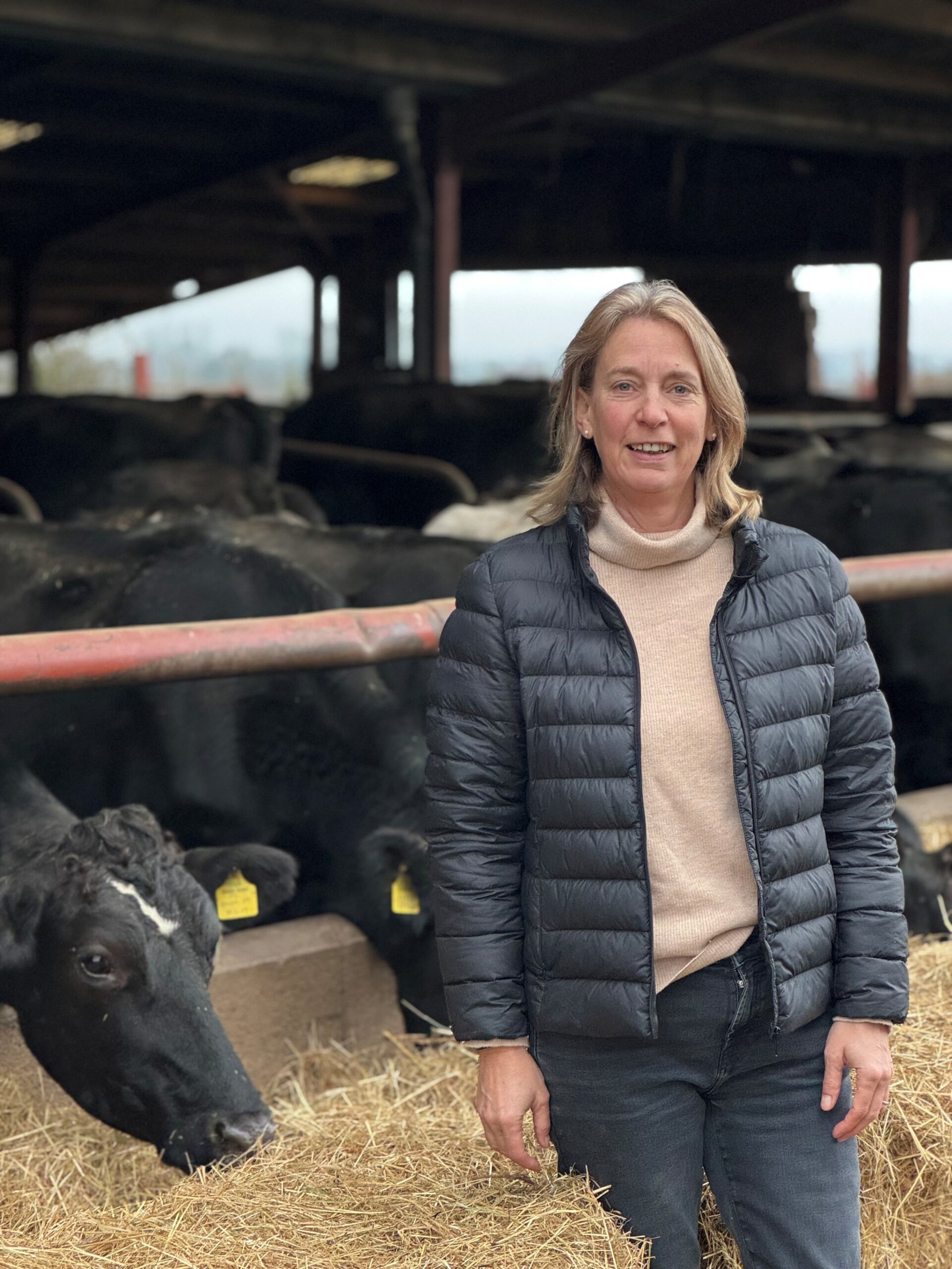 Emma Furnival Emma Furnival stood in front of feeding cows in shed